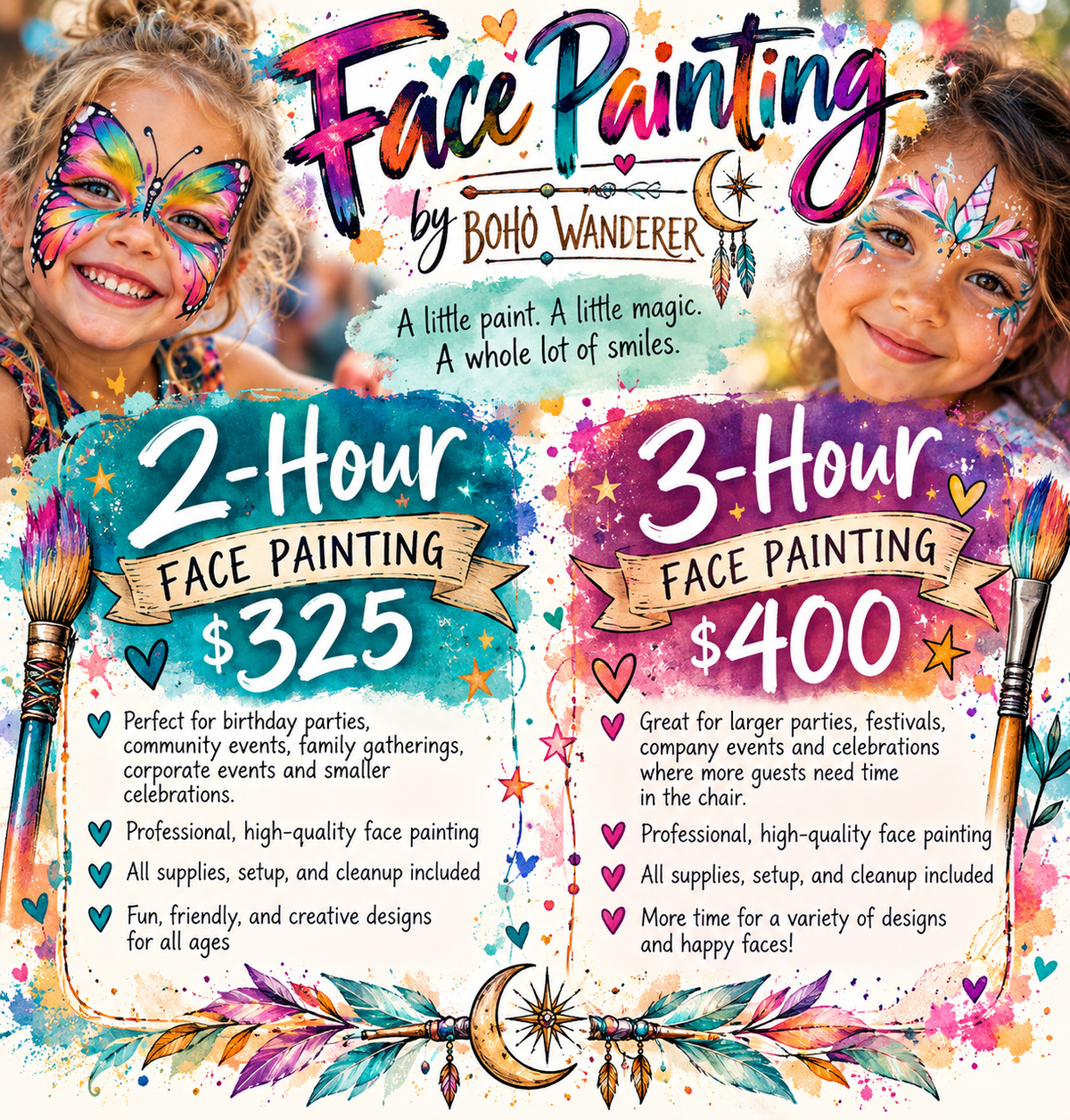 Face Painting by Boho Wanderer — 2-hour $325 and 3-hour $400 packages